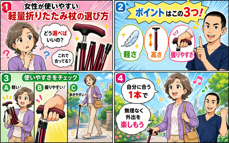 女性が使いやすい軽量折りたたみ杖の選び方