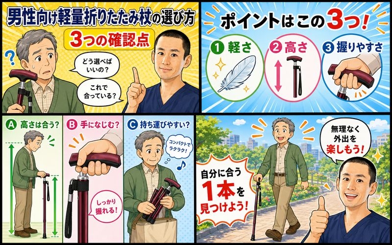 男性向け軽量折りたたみ杖の選び方3つの確認点
