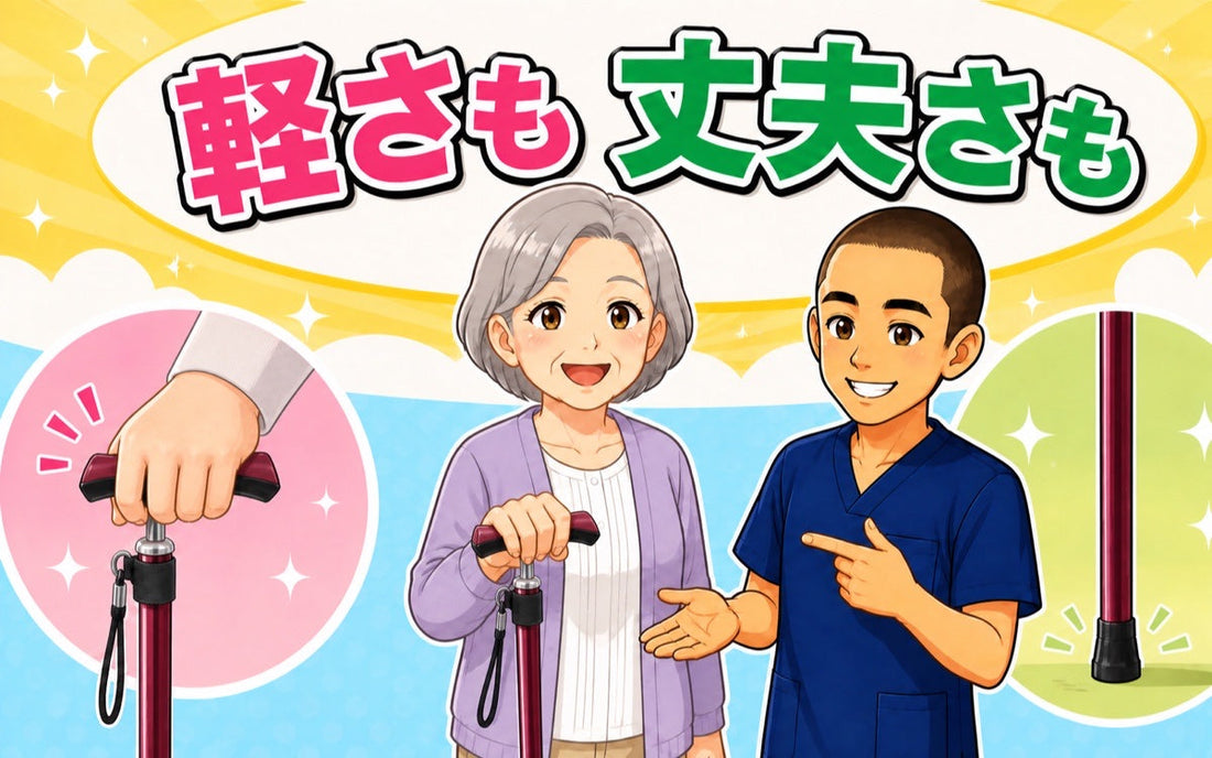 軽くて丈夫な杖を女性と理学療法士が確認するイラスト