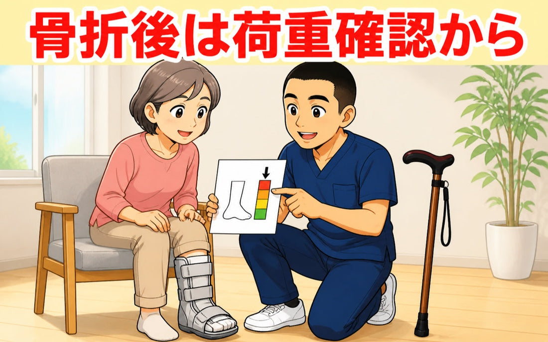 骨折後の女性が杖を使う前に荷重指示を確認するイラスト