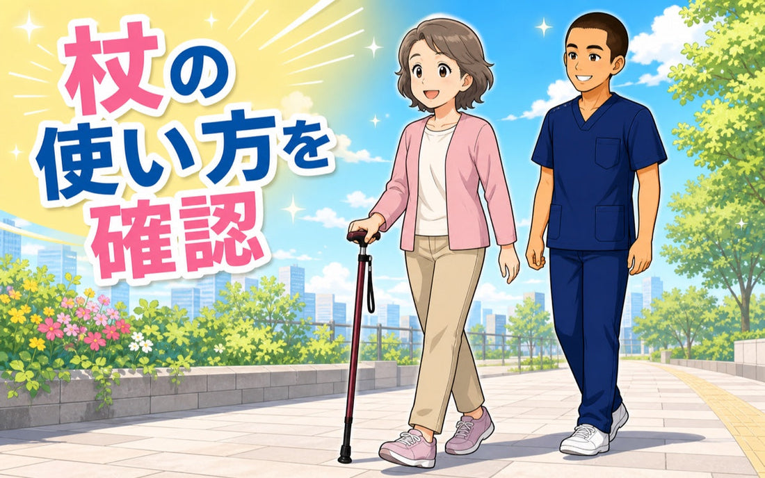 一本杖を使って屋外を歩く女性と使い方を案内する理学療法士のイラスト